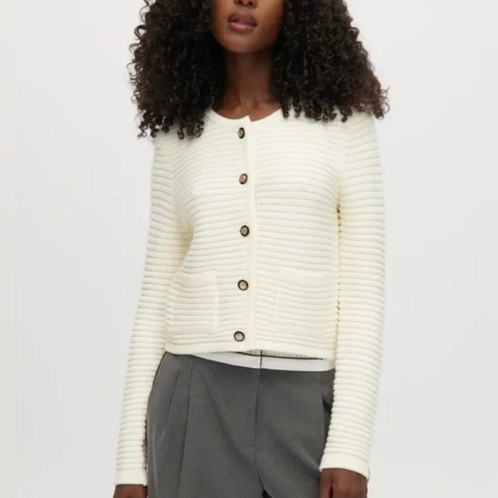 JOIE | cream ivory cardigan button up chunky knit crew neck front pockets medium